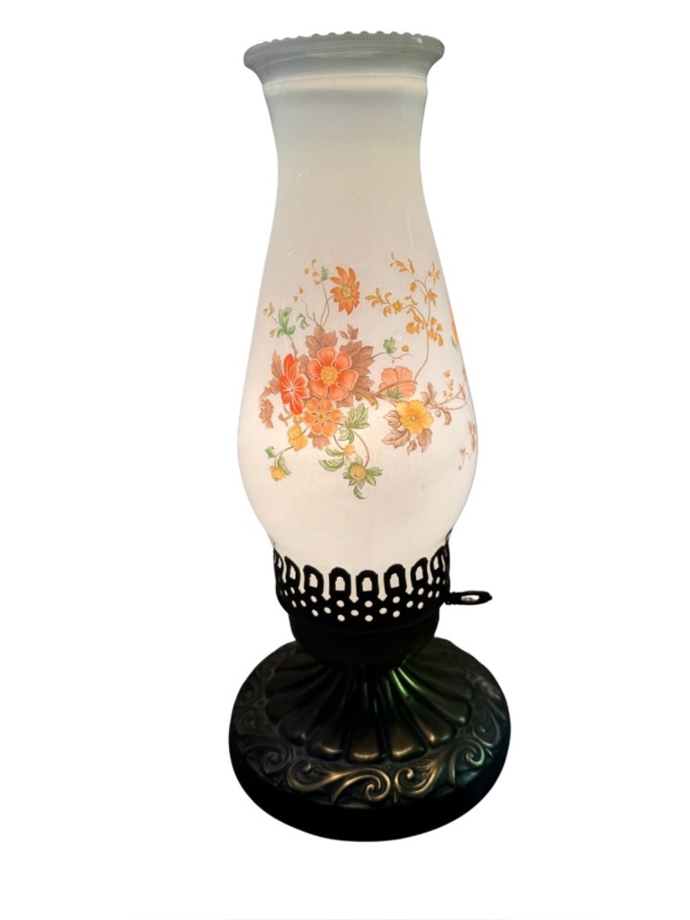 Vintage Glass Hurricane Lamp With Floral Pattern and Metsl Base